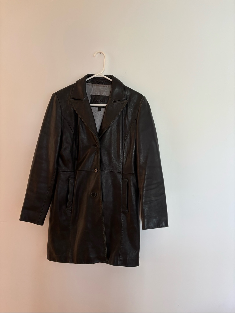 Guess Black Leather Button-Front Coat Size Small